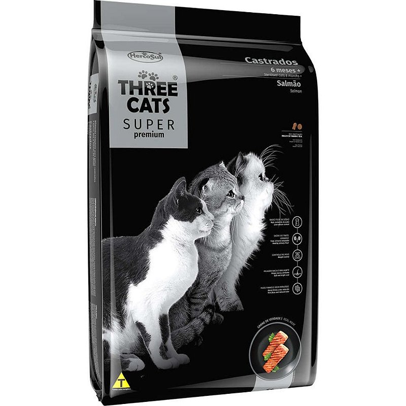 Three Cats Castrados Salmão 15kg - Super Premium para Gatos - Pet