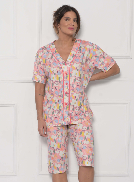Pijama Pescador em Modal com Botões Adriana Floral 11387 - Meia de Seda |  Moda Feminina para todos os Estilos!