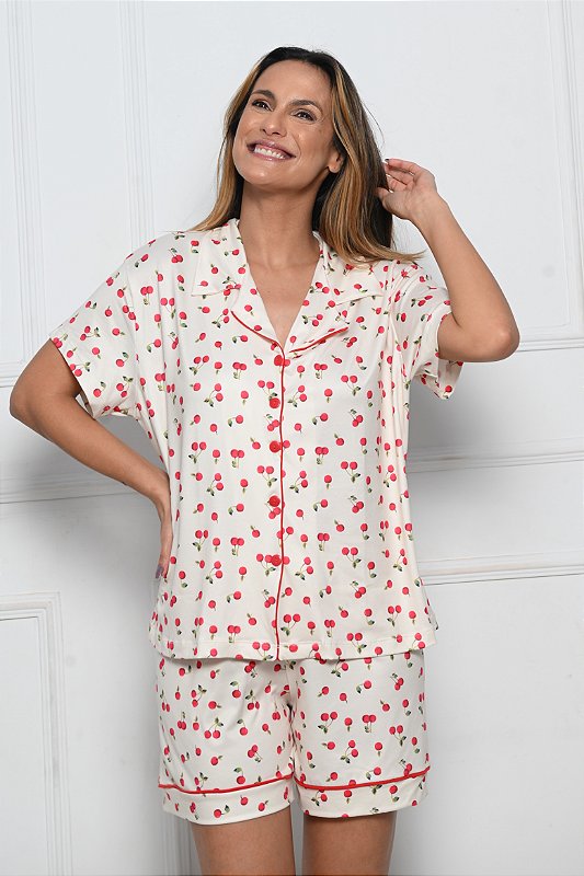 Pijama Short Doll em Modal com Botoes Serena Cereja 11590 - Meia de ...