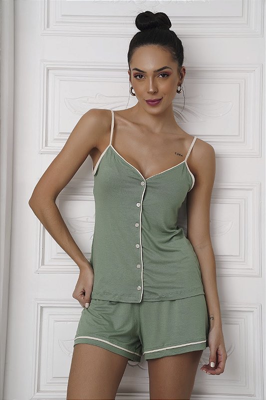 Pijama Short Doll com Alca e Botoes Sofia Verde 11735 - Meia de Seda ...