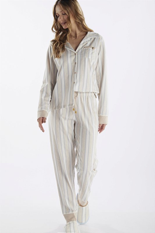 Pijama Feminino Aberto em Algodao Ligia Listrado 11781 - Meia de Seda ...