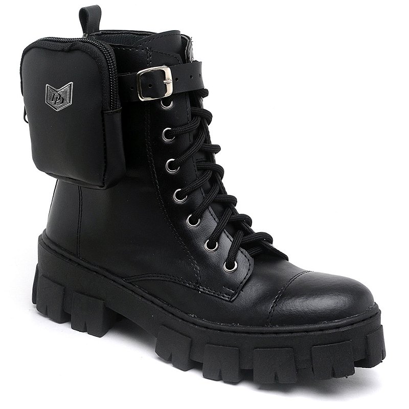 Bota Coturno Tratorada Feminina Casual Cano Curto com Bolsinha Bag Lateral Remov