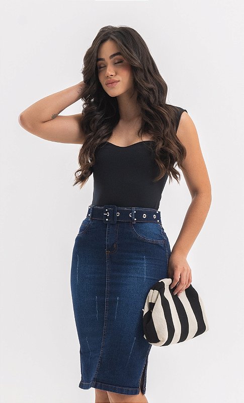 Saia Jeans Cinto com Pérolas Azul Ref 15019A