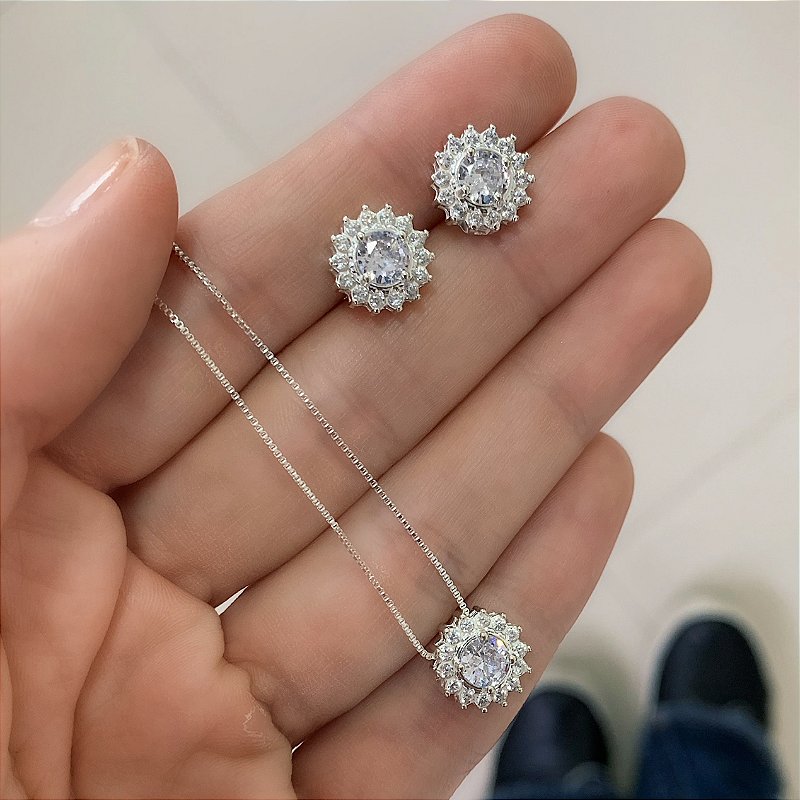 Conjunto Colar e Brinco de Prata 925 Cravejado com Zircônias e Ponto d ...