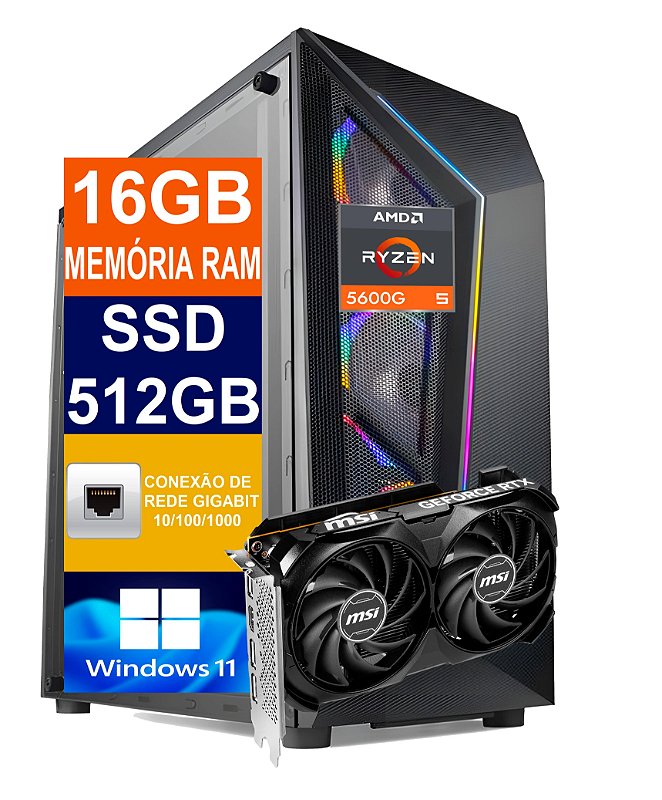 Pc Gamer Computador Cpu Ryzen 5 5600g / SSD 512GB / 16GB Memória Ram Ddr4 /  Placa de Vídeo RTX 4060 8GB / Fonte 700W / Windows 11