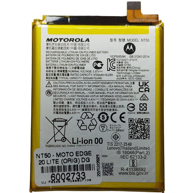 Batteria Di Ricambio NT50 Per Moto Edge 20 Lite XT2139-1 Con Toolkit – Cella A+, Alta Capacità, Facile Installazione