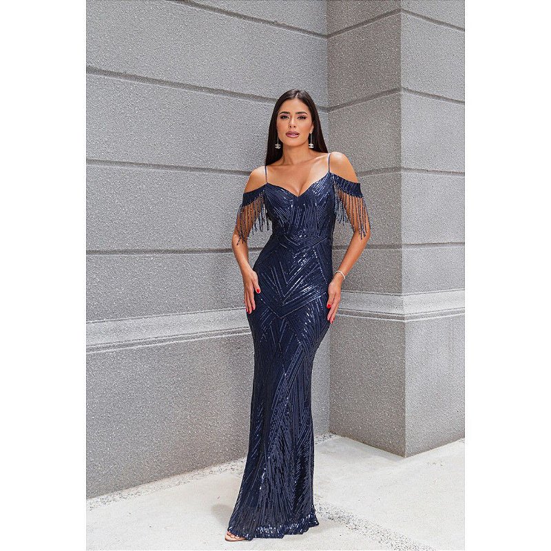 VESTIDO LILY BORDADO EM PAET AZUL MARINHO Marina Bonita Store