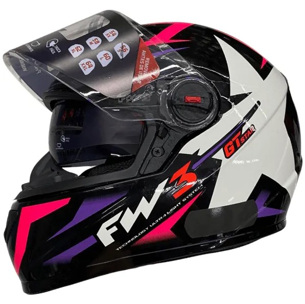 CAPACETE FW3 GTX STAR PRETO BRILHANTE LILAS ROSA 58 - KR Moto