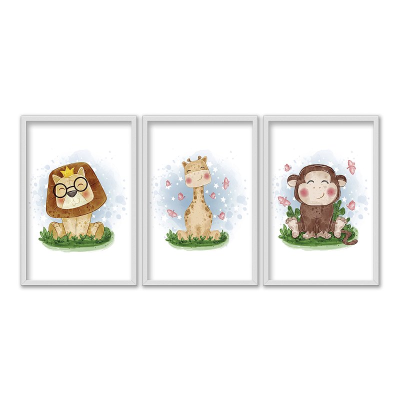 Kit 3 Quadros Decorativos Desenho Infantil Leão Girafa e Macaco -  Deliquadros