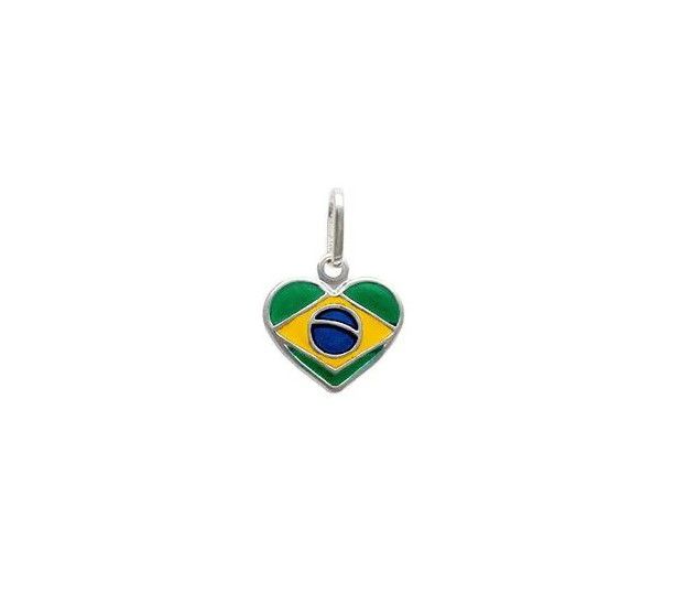 Pingente de Prata 925 Bandeira do Brasil Formato de Coração - Aqua Joias