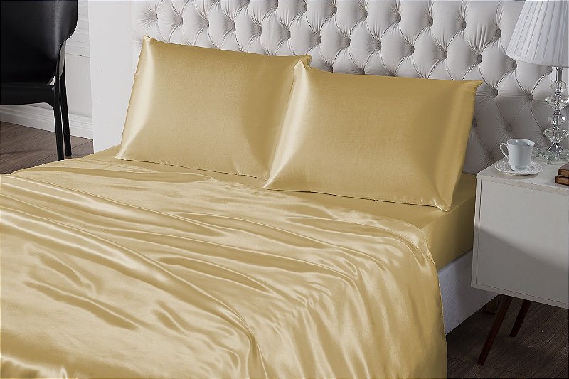 Jogo de Cama de Cetim Charmousse Queen Dourado 4 Peças