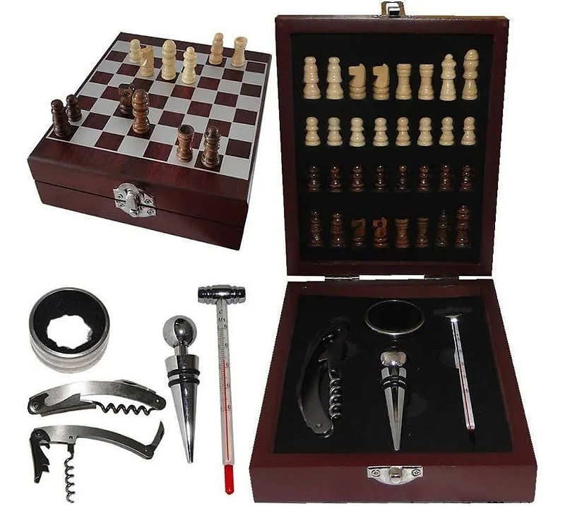 Kit de Acessórios Para Vinho Luxo com Jogo de Xadrez madeira