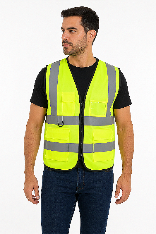 Colete Refletivo de Segurança Amarelo Fluorescente com Bolsos e Zíper