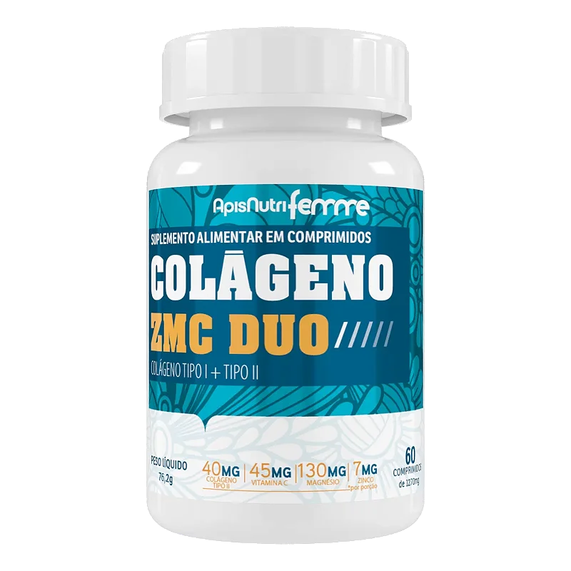 Colágeno ZMC Duo Tipo 1 + Tipo 2 + Zinco + Magnésio + Vitamina C 1270mg 60 cápsulas Apisnutri