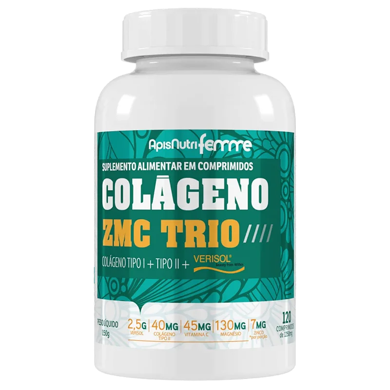 Colágeno ZMC Trio Verisol Tipo 1 + Tipo 2 + Zinco + Magnésio + Vitamina C 1270mg 120 cápsulas Apisnutri