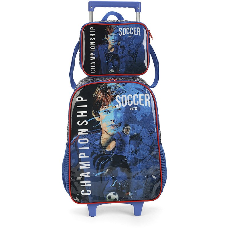 Kit Mochila de Rodinhas Lancheira Luxcel Futebol Azul - Nuvem de Algodão