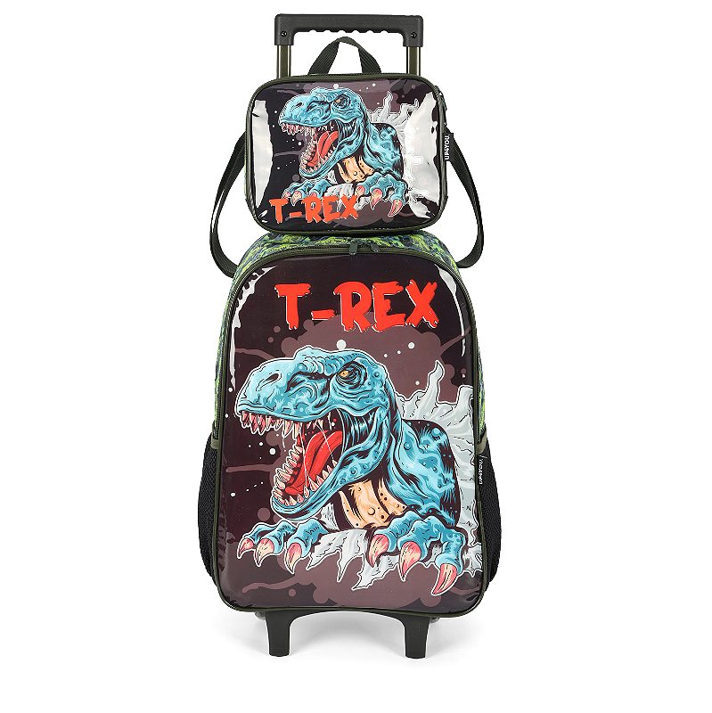 Kit Mochila Rodinhas Lancheira Luxcel Up4You T-Rex Verde - Nuvem de Algodão