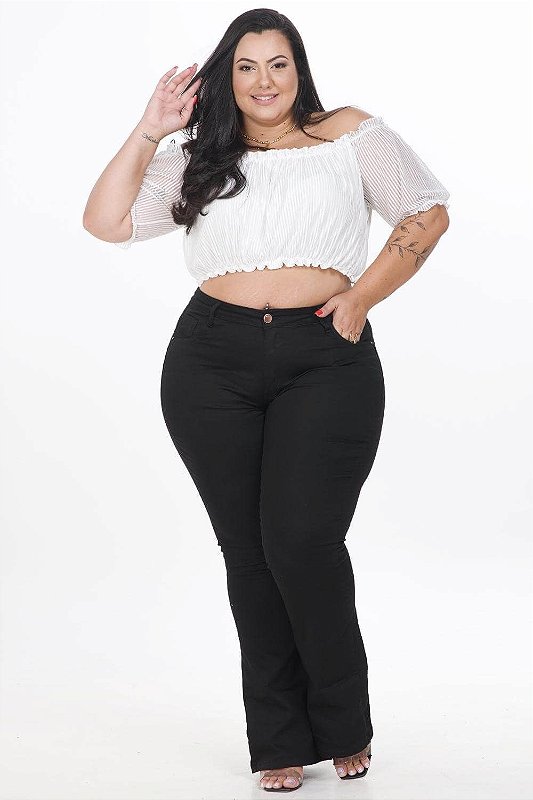 Calça Jeans Ane Plus Size Flare Dessyka Preta