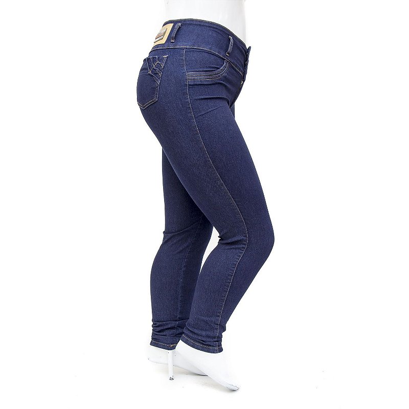 Calça Plus Size Jeans Feminina Azul Marinho Cintura Alta Thomix