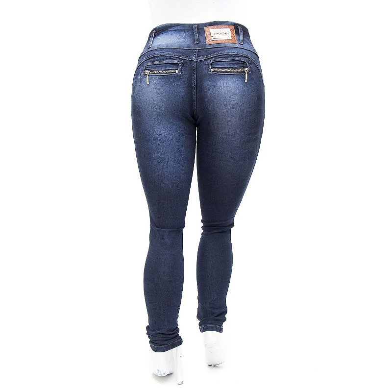 Calça Jeans Feminina Escura Plus Size Cintura Alta Thomix