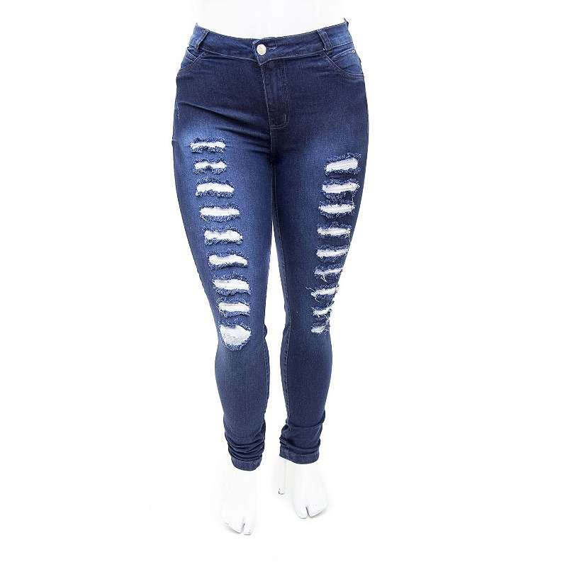 Calça Jeans Feminina Plus Size Azul Rasgadinha Cheris com Lycra