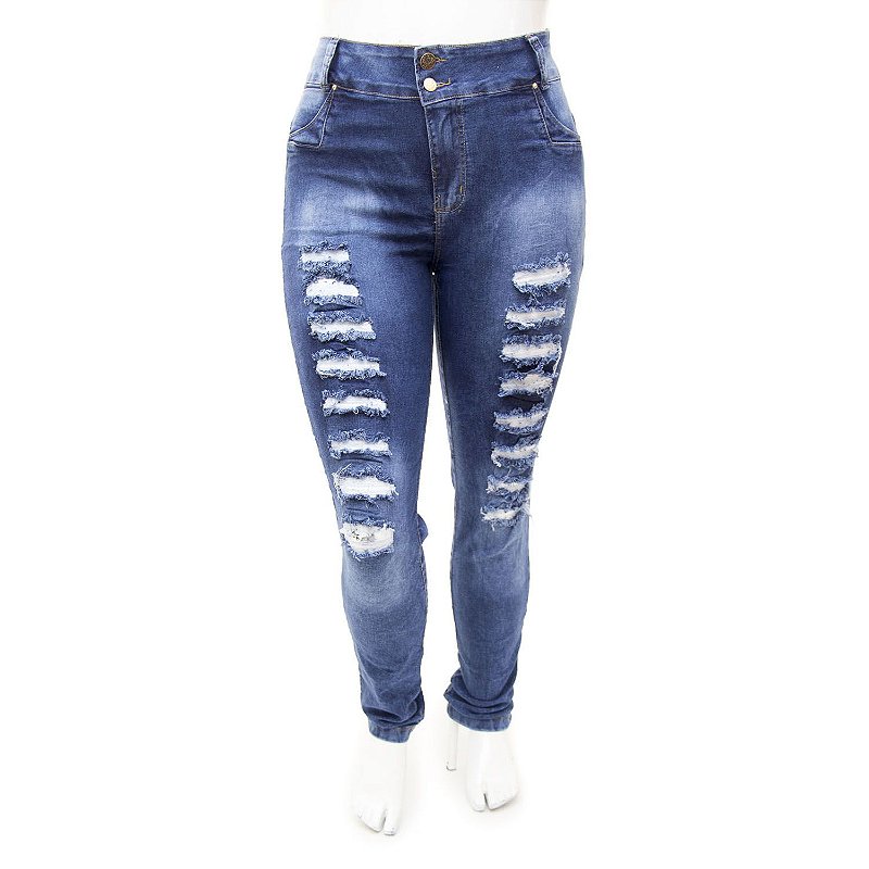 Calça Jeans Plus Size Feminina Rasgadinha Cheris Cintura Alta