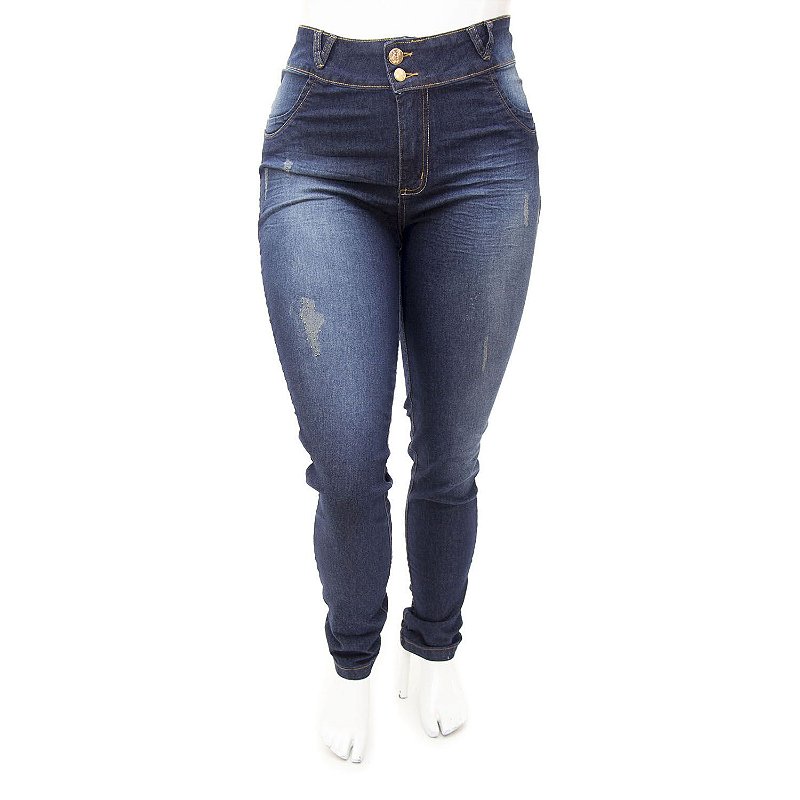 Calça Jeans Plus Size Feminina Escura Desfiada Cheris Cintura Alta