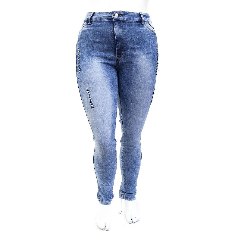 Calça Jeans Feminina Plus Size Manchada Rasgadinha Thomix