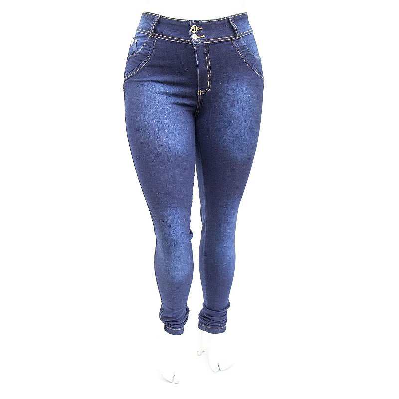 Calça Jeans Feminina Plus Size Azul Escura com Brilho Cheris
