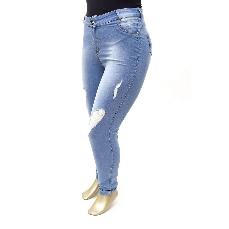 Calça Plus Size Jeans Rasgadinha Clara Credencial Cintura Alta