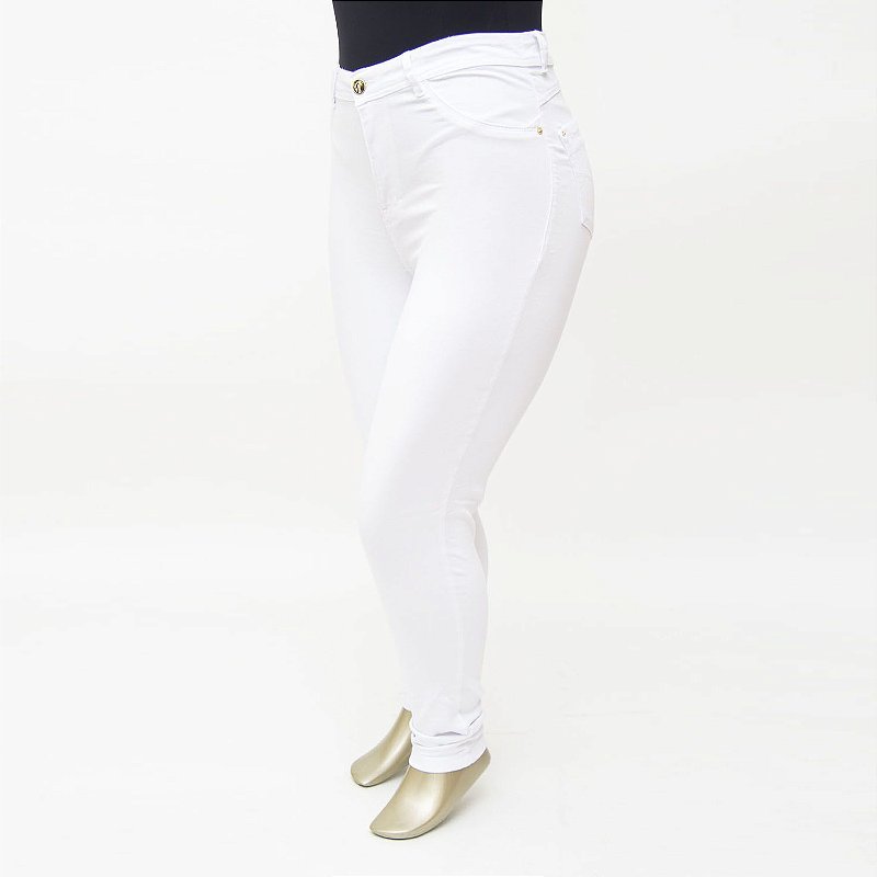 Calça Plus Size Jeans Feminina Branca Cintura Alta Cheris