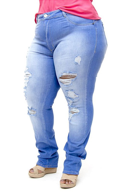 Calça Jeans Bokker Plus Size Reta Rasgada Jaquelin Azul