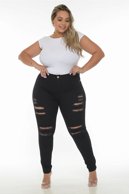 Calça Jeans Plus Size Legging Basic Patrícia Foster Mais Black