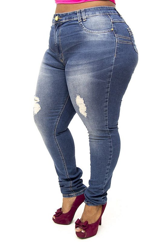 Calça Jeans Plus Size Feminina Rasgadinha Sawary Fabiola