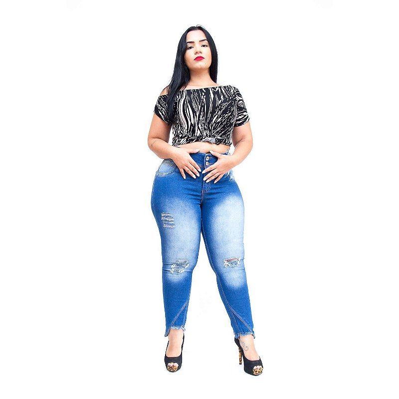 Calça Jeans Credencial Plus Size Skinny Rasgadinha Rediny Azul