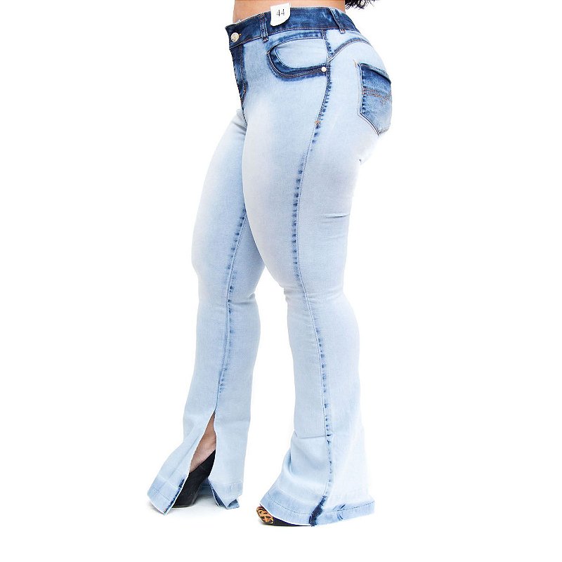 Calça Jeans Credencial Plus Size Flare Manchada Kayte Azul