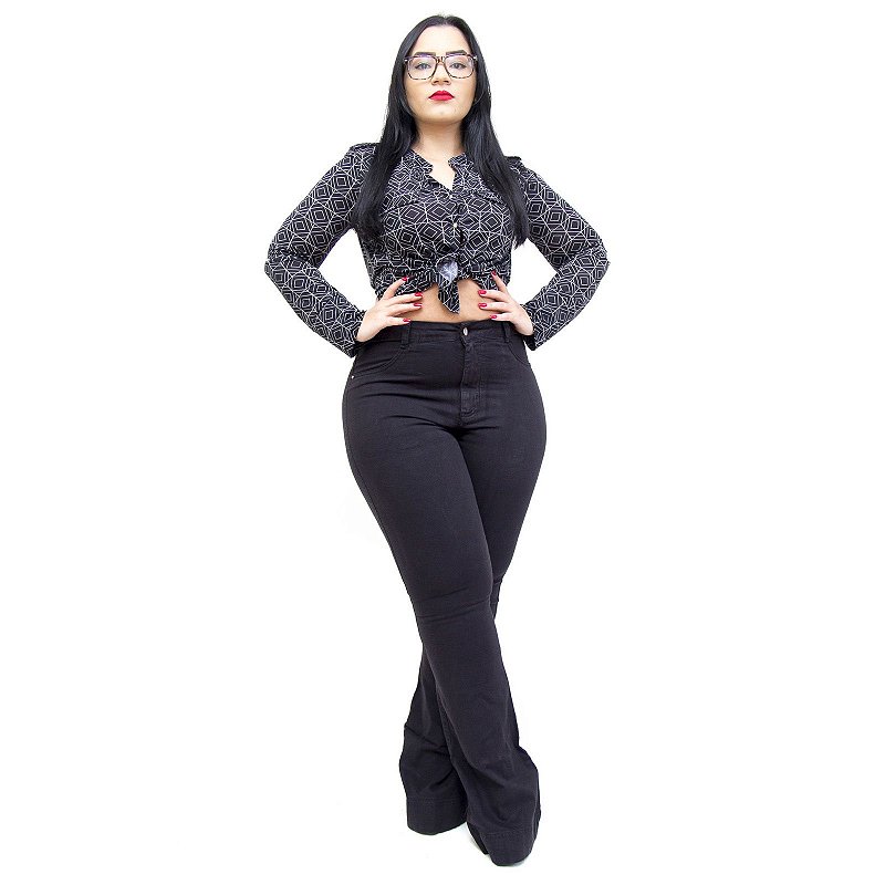 Calça Jeans Feminina Cambos Plus Size Flare Lya Preta