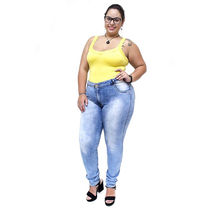 Calça Jeans Credencial Plus Size Skinny Keitty Azul Manchada