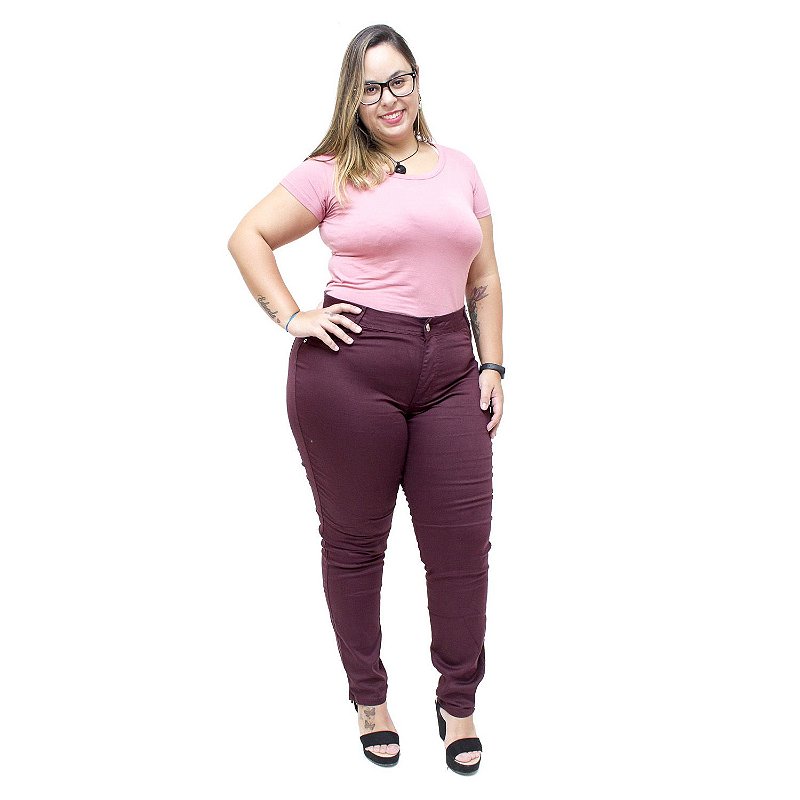 Calça Jeans Feminina Credencial Plus Size Skinny Aneli Vinho