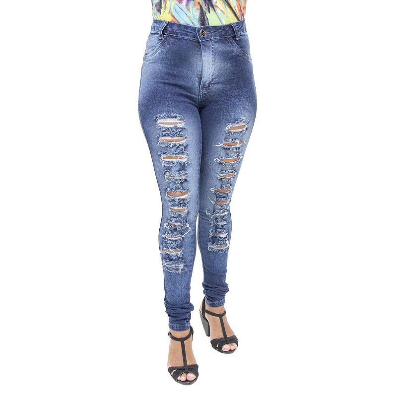 Calça Jeans Legging Feminina Hevox Modelo Hot Pant Rasgada com Cintura Alta