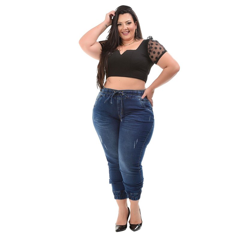 Calça Jeans Xtra Charmy Plus Size Jogger Cremildes Azul