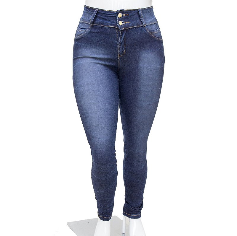 Calça Jeans Feminina Plus Size Meitrix Azul com Elástico Cintura Alta