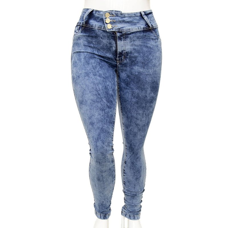 Calça Jeans Feminina Legging Cheris Azul Manchada Plus Size com Cintura Alta