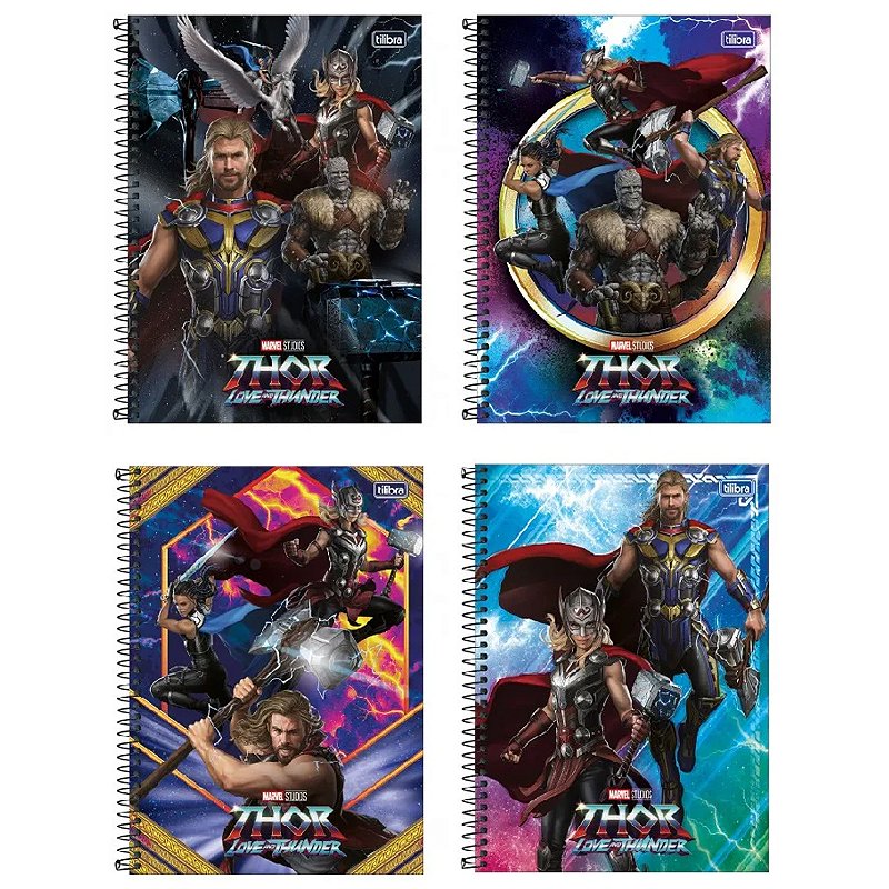 Kit 4 Cadernos Tilibra Thor Marvel C/adesivo 80 Fls Espiral