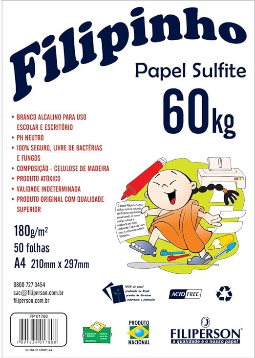 Papel Sulfite A4 180g Filiperson Filipinho 50 Folhas Branco