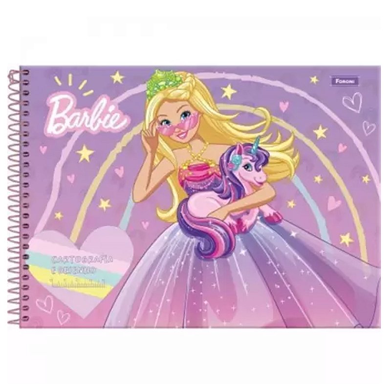 Caderno Cartografia Desenho Barbie Adesivo Margeado Milimetrado 96 Folhas Foroni