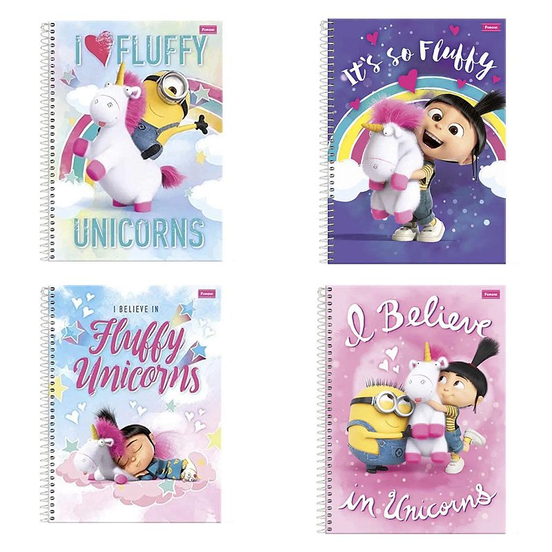 Kit 4 Cadernos Foroni Minions Meu Malvado Favorito Agnes 96 Fls 1 mat Espiral Sortida