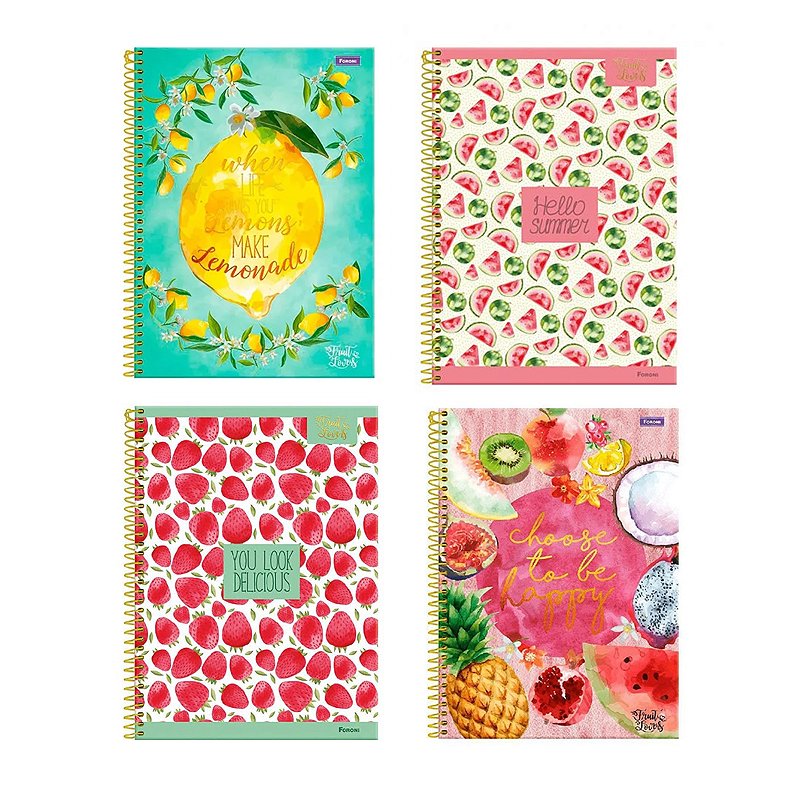 Kit 4 Cadernos Foroni Fruit Lovers 96 Fls 1 mat Espiral Sortida