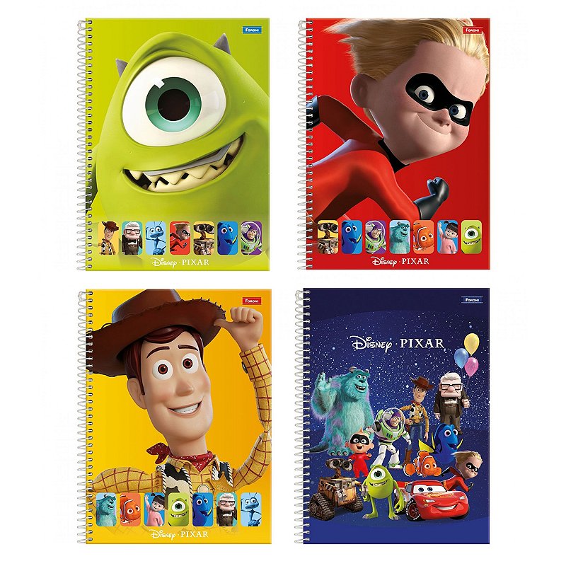 Kit 4 Cadernos Foroni Disney Pixar  Monstros SA  Toy Story 80 Folhas Capa Dura