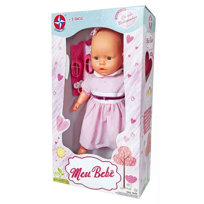 Boneca Meu Bebê Vestido Rosa Sapatinho Chupeta 60cm Estrela